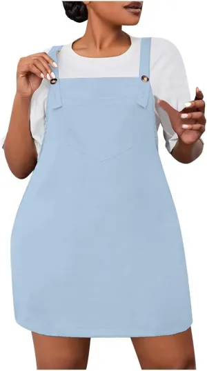 HGps8w Plus Size Womens Bib Overall Short Jumper Dress Adjustable Straps Suspender Pinafore Dresses with Pockets