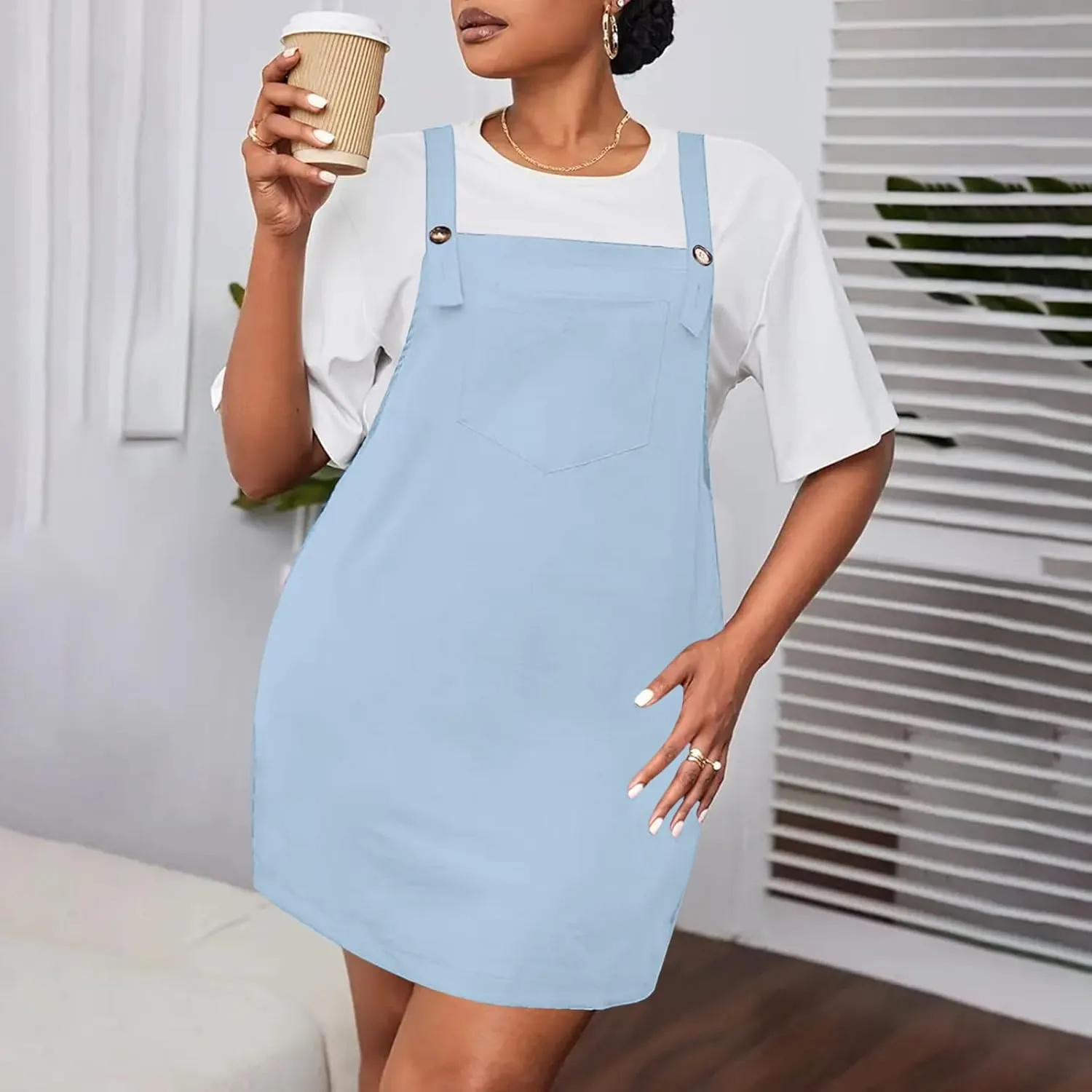 HGps8w Plus Size Womens Bib Overall Short Jumper Dress Adjustable Straps Suspender Pinafore Dresses with Pockets