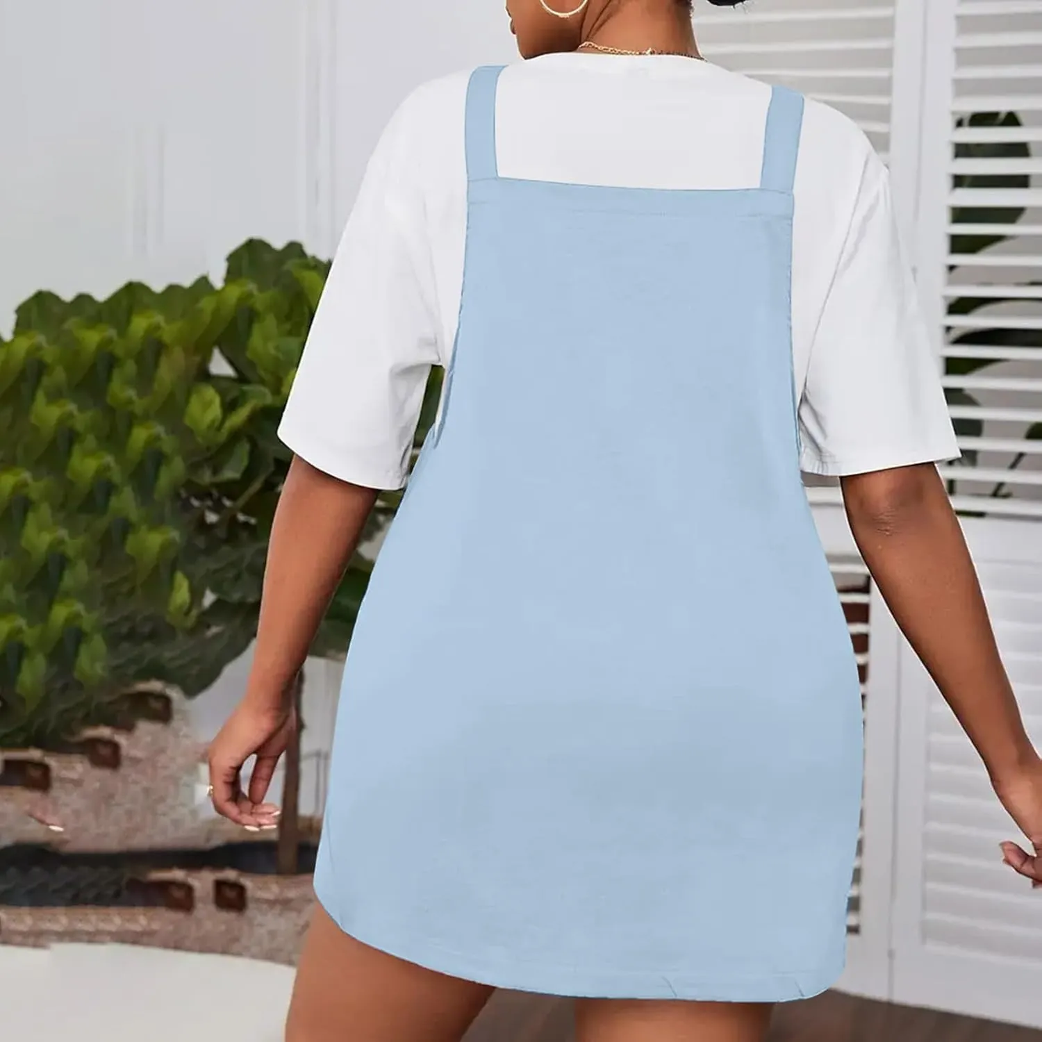 HGps8w Plus Size Womens Bib Overall Short Jumper Dress Adjustable Straps Suspender Pinafore Dresses with Pockets