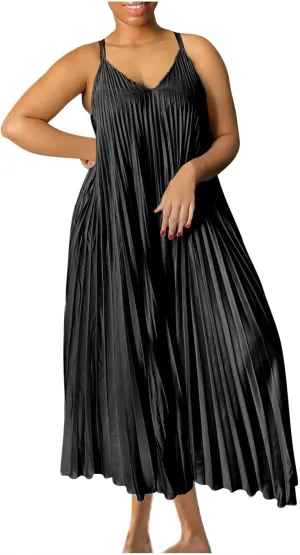 HGps8w Womens Spaghetti Strap Satin Pleated Maxi Dress Elegant Loose V Neck Sleeveless Long Cocktail Party Camisole Dresses