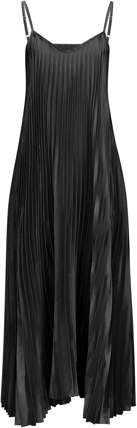 HGps8w Womens Spaghetti Strap Satin Pleated Maxi Dress Elegant Loose V Neck Sleeveless Long Cocktail Party Camisole Dresses