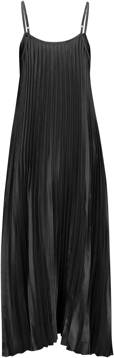 HGps8w Womens Spaghetti Strap Satin Pleated Maxi Dress Elegant Loose V Neck Sleeveless Long Cocktail Party Camisole Dresses
