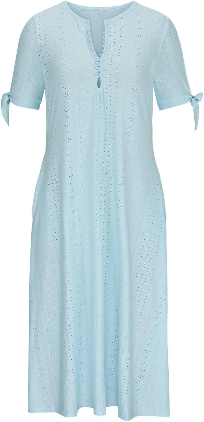 hlysgo Long Dresses for Women 2025 Trendy Short Sleeve Eyelet Tshirt Dress Casual Summer Beach Vacation Sundress with Pocket