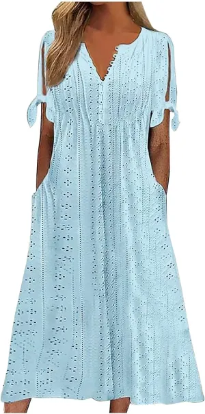 hlysgo Long Dresses for Women 2025 Trendy Short Sleeve Eyelet Tshirt Dress Casual Summer Beach Vacation Sundress with Pocket