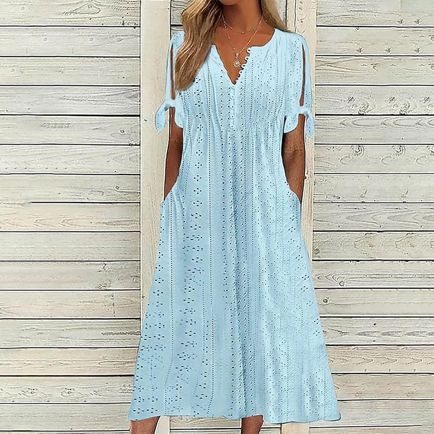 hlysgo Long Dresses for Women 2025 Trendy Short Sleeve Eyelet Tshirt Dress Casual Summer Beach Vacation Sundress with Pocket