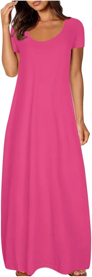 hlysgo Womens 2025 Trendy Summer Long Dresses Short Sleeve Scoop Neck Plus Size Lounge Midi Dress Solid Casual Dress