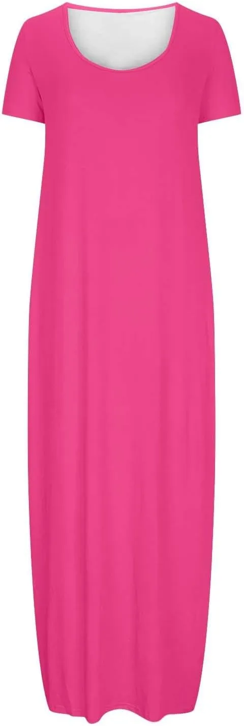 hlysgo Womens 2025 Trendy Summer Long Dresses Short Sleeve Scoop Neck Plus Size Lounge Midi Dress Solid Casual Dress