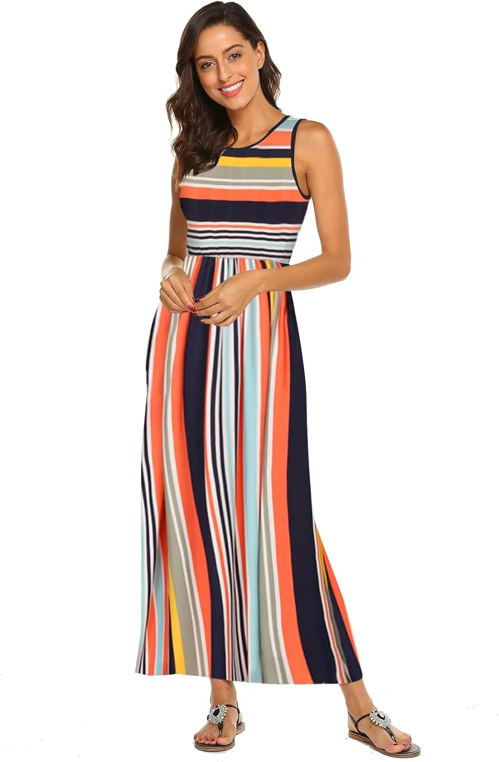 Hount Women's Summer Sleeveless Striped Flowy Casual Long Maxi Dress with Pockets