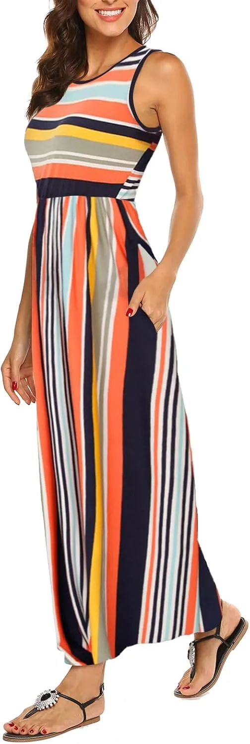 Hount Women's Summer Sleeveless Striped Flowy Casual Long Maxi Dress with Pockets