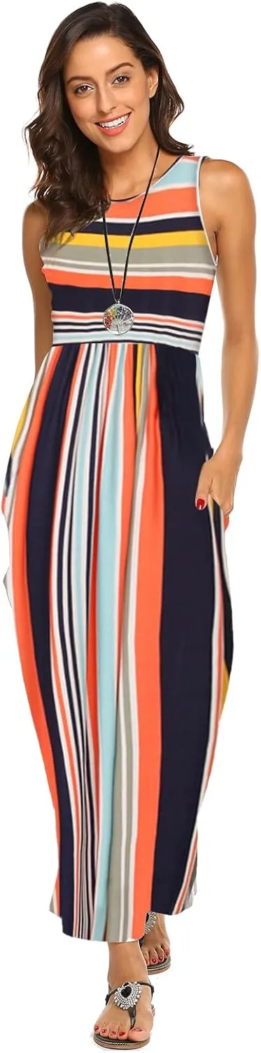 Hount Women's Summer Sleeveless Striped Flowy Casual Long Maxi Dress with Pockets
