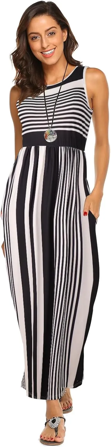 Hount Women's Summer Sleeveless Striped Flowy Casual Long Maxi Dress with Pockets