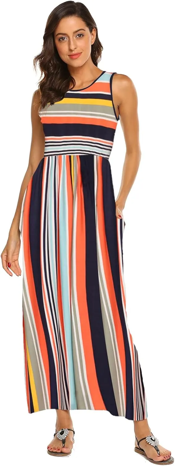 Hount Women's Summer Sleeveless Striped Flowy Casual Long Maxi Dress with Pockets