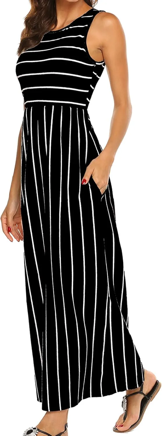 Hount Women's Summer Sleeveless Striped Flowy Casual Long Maxi Dress with Pockets