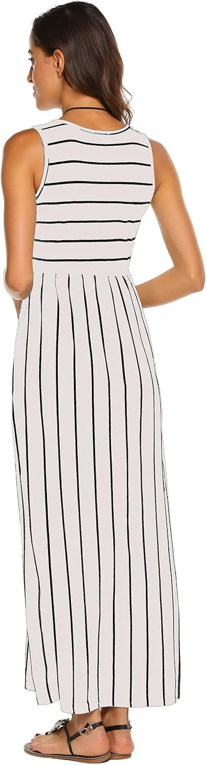 Hount Women's Summer Sleeveless Striped Flowy Casual Long Maxi Dress with Pockets