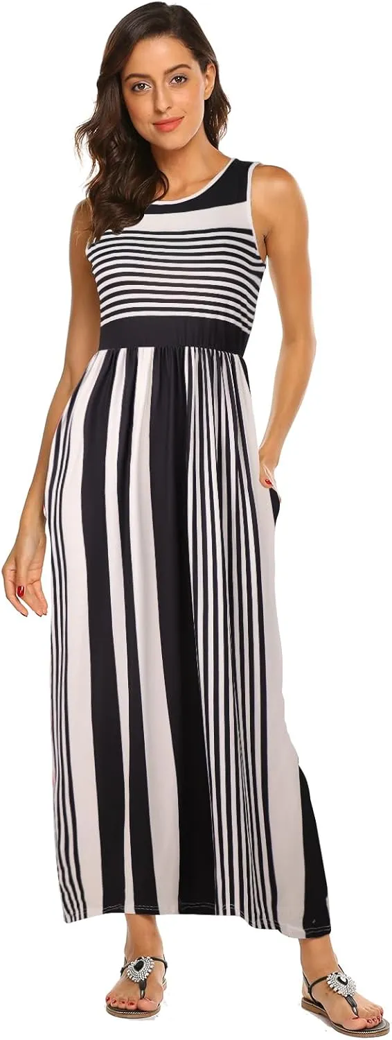 Hount Women's Summer Sleeveless Striped Flowy Casual Long Maxi Dress with Pockets