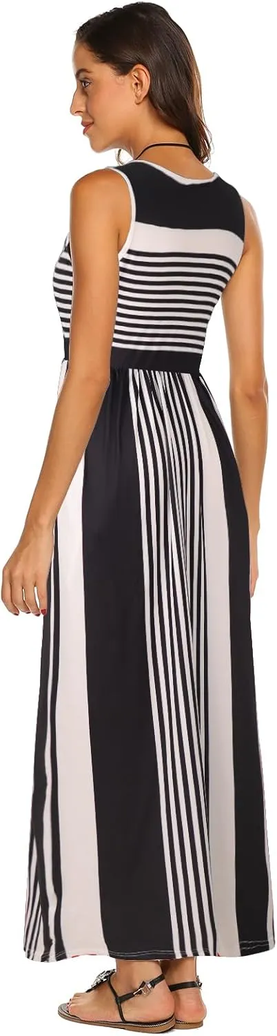 Hount Women's Summer Sleeveless Striped Flowy Casual Long Maxi Dress with Pockets