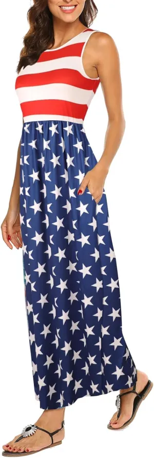 Hount Women's Summer Sleeveless Striped Flowy Casual Long Maxi Dress with Pockets