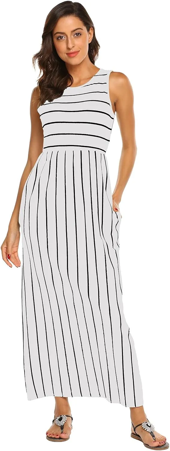Hount Women's Summer Sleeveless Striped Flowy Casual Long Maxi Dress with Pockets