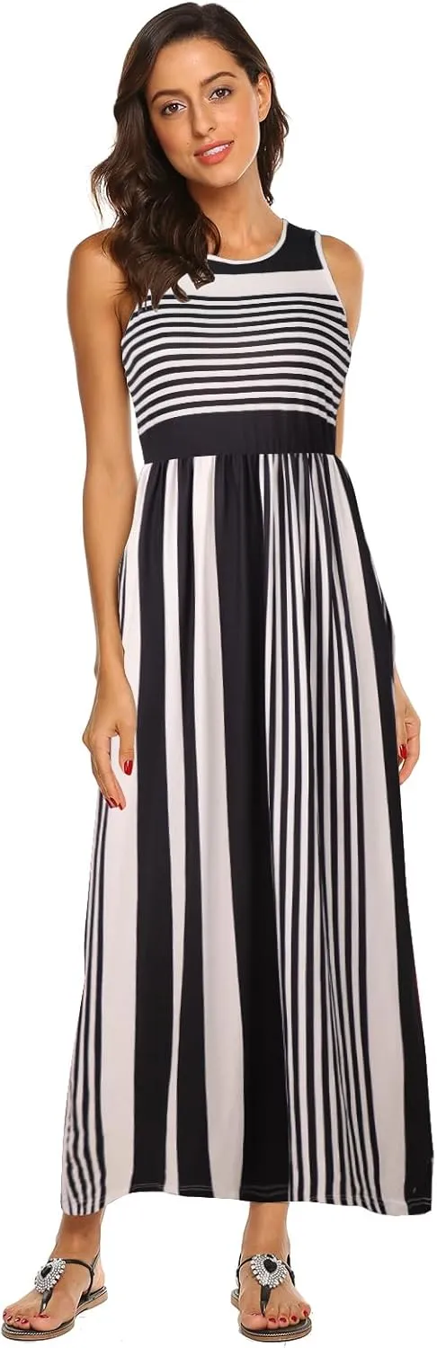 Hount Women's Summer Sleeveless Striped Flowy Casual Long Maxi Dress with Pockets