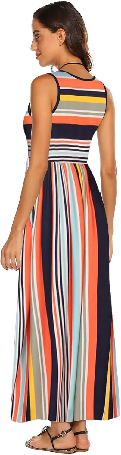 Hount Women's Summer Sleeveless Striped Flowy Casual Long Maxi Dress with Pockets