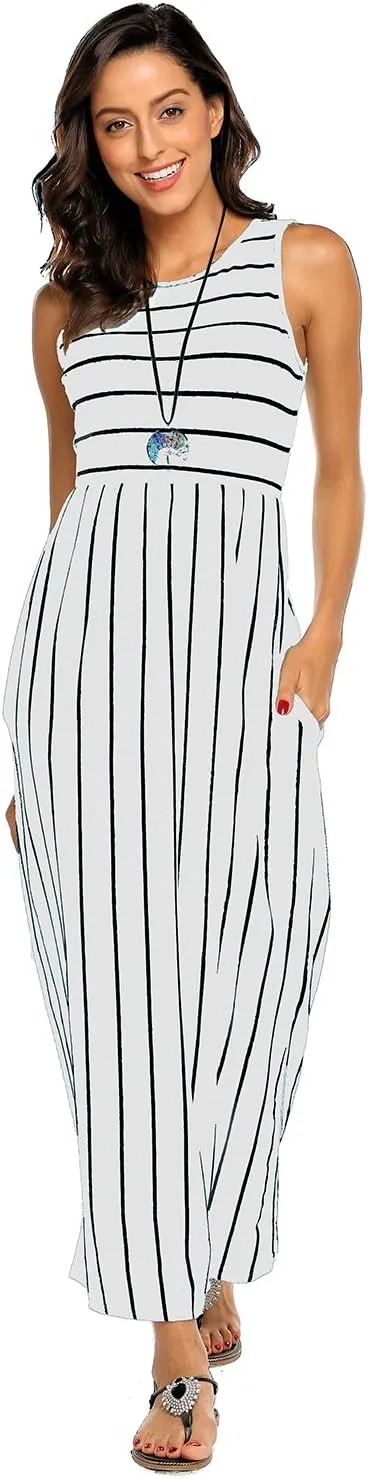Hount Women's Summer Sleeveless Striped Flowy Casual Long Maxi Dress with Pockets