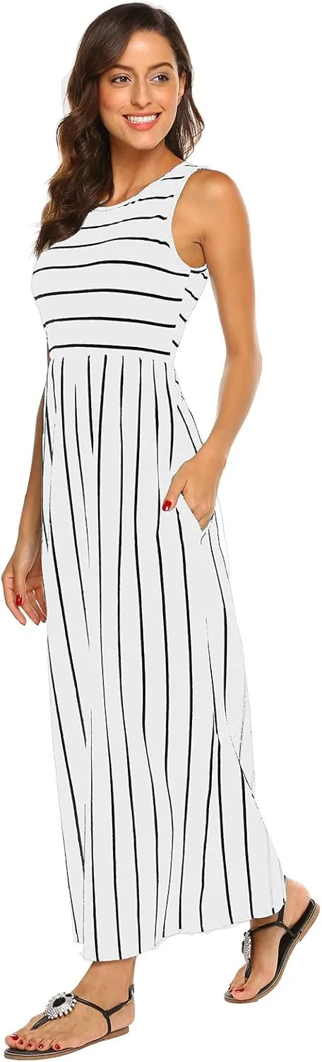 Hount Women's Summer Sleeveless Striped Flowy Casual Long Maxi Dress with Pockets