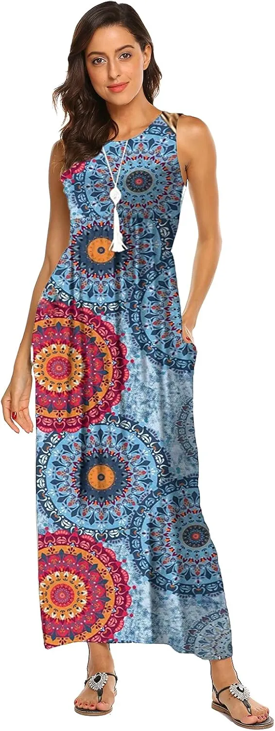 Hount Women's Summer Sleeveless Striped Flowy Casual Long Maxi Dress with Pockets