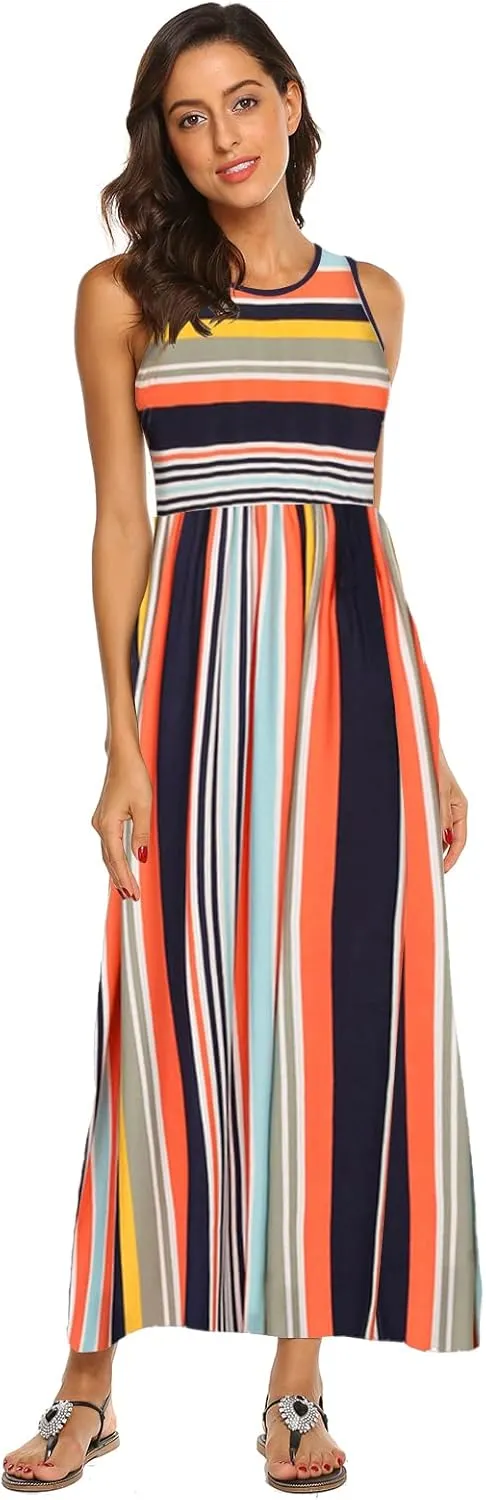 Hount Women's Summer Sleeveless Striped Flowy Casual Long Maxi Dress with Pockets