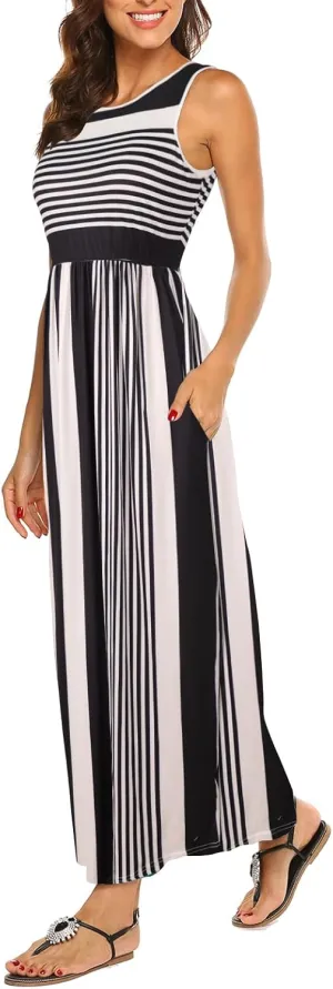 Hount Women's Summer Sleeveless Striped Flowy Casual Long Maxi Dress with Pockets