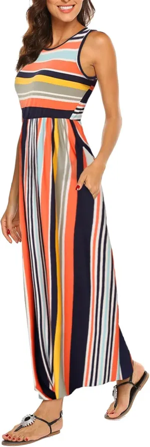 Hount Women's Summer Sleeveless Striped Flowy Casual Long Maxi Dress with Pockets