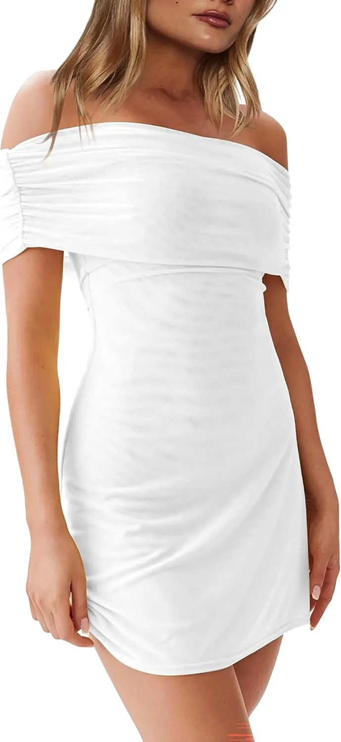 HYPERFIRE Women's Off Shoulder Mesh Mini Dress Short Sleeve Ruched Dresses Cocktail Going Out