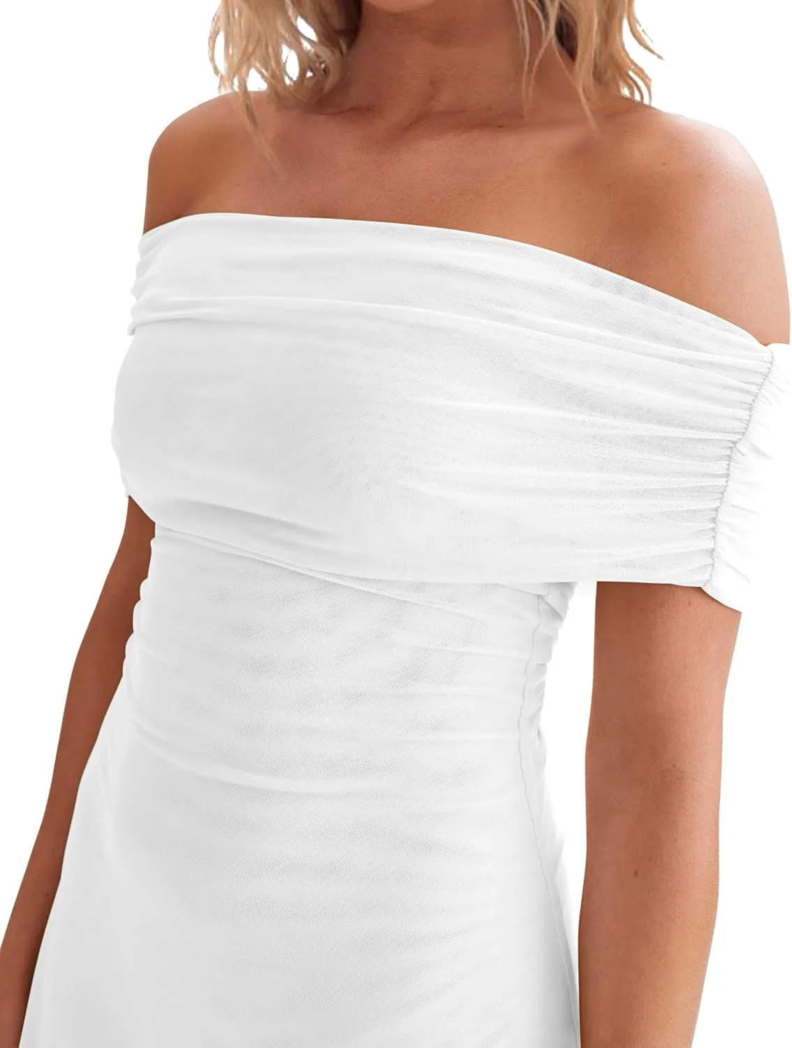 HYPERFIRE Women's Off Shoulder Mesh Mini Dress Short Sleeve Ruched Dresses Cocktail Going Out