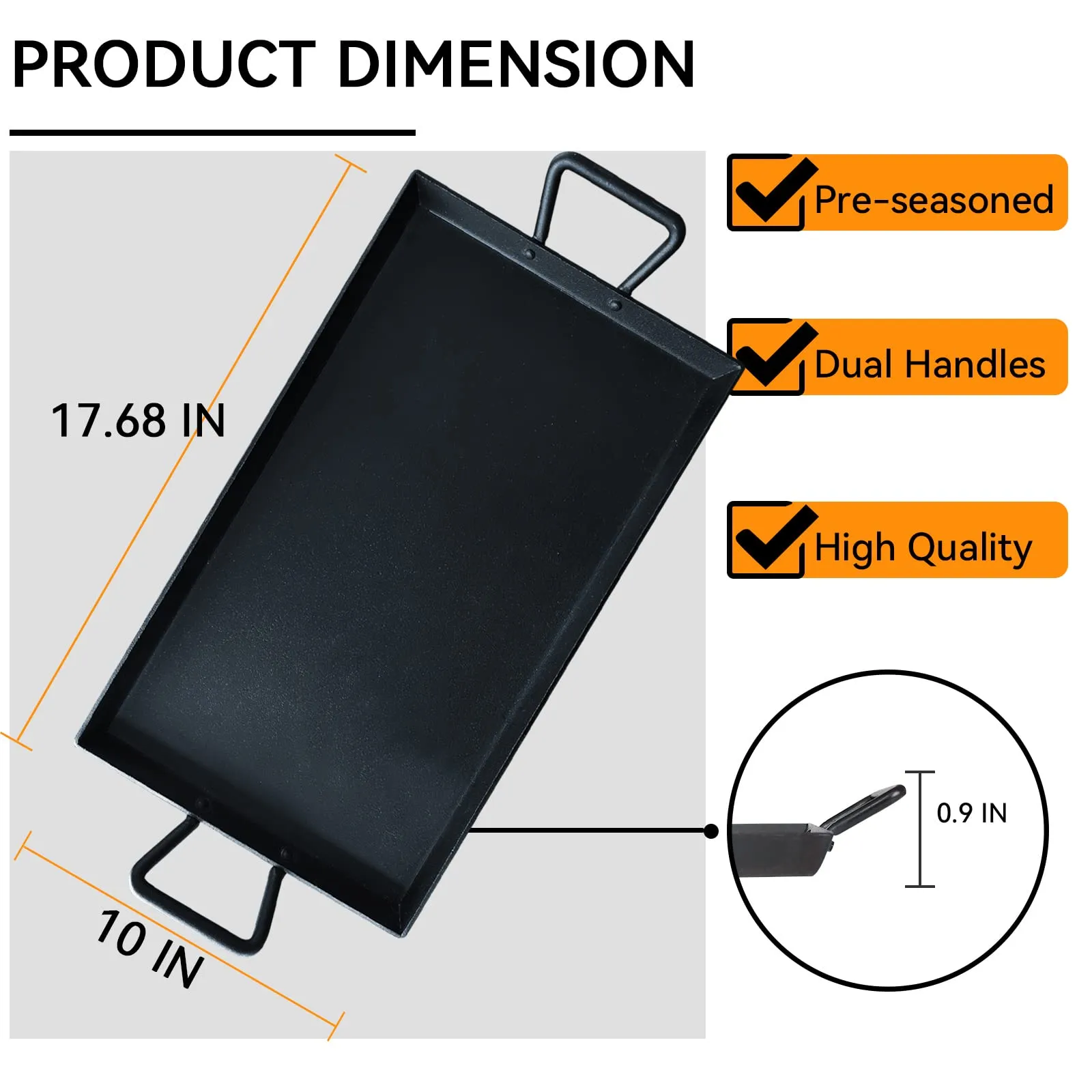 Keleday Pre-Seasoned Cast Iron Griddle Pan with Handles – Non-Stick Grill for Stove Tops and Gas Grills, Ideal for Indoor and Outdoor Cooking, Camping, 17.68 x 10 Inches
