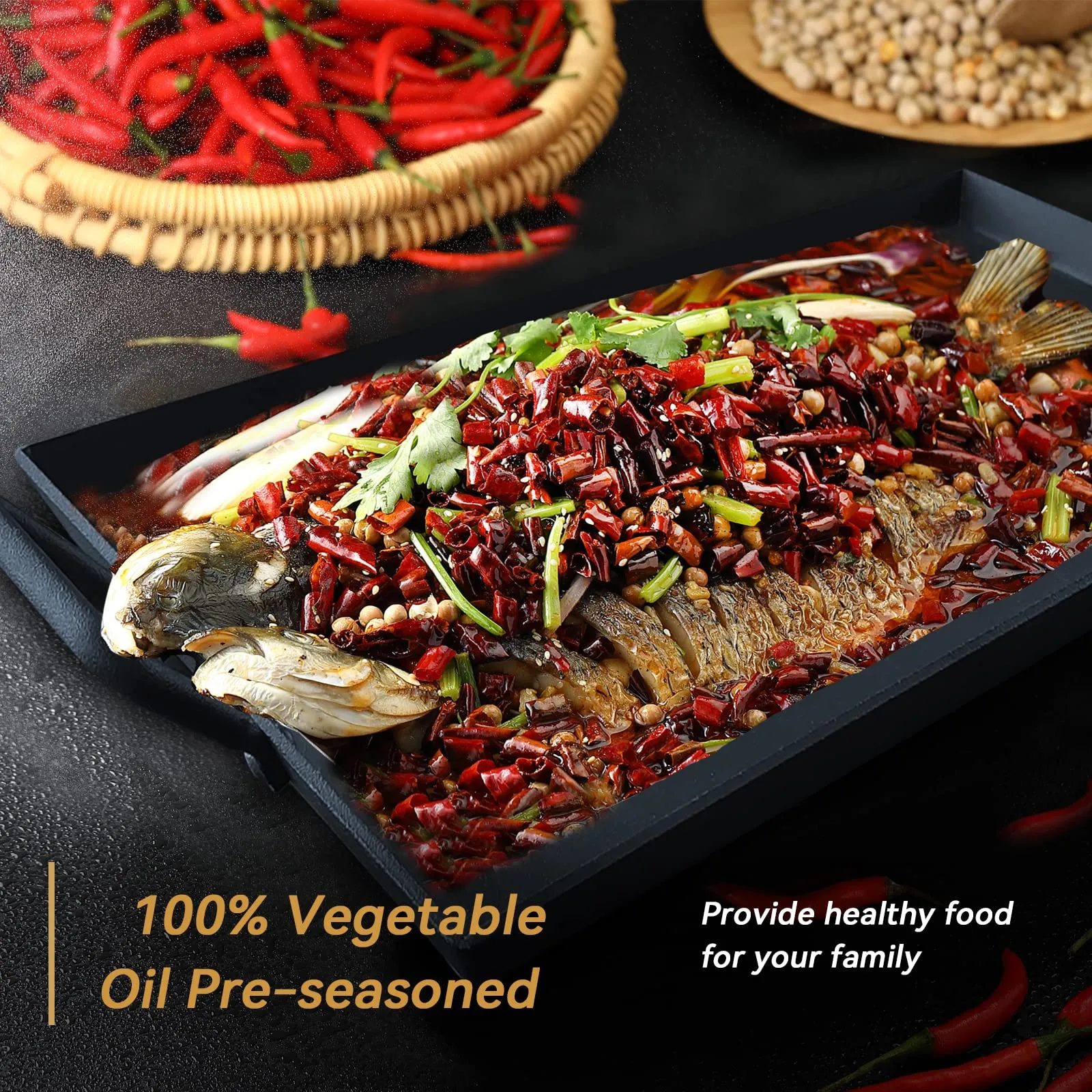 Keleday Pre-Seasoned Cast Iron Griddle Pan with Handles – Non-Stick Grill for Stove Tops and Gas Grills, Ideal for Indoor and Outdoor Cooking, Camping, 17.68 x 10 Inches