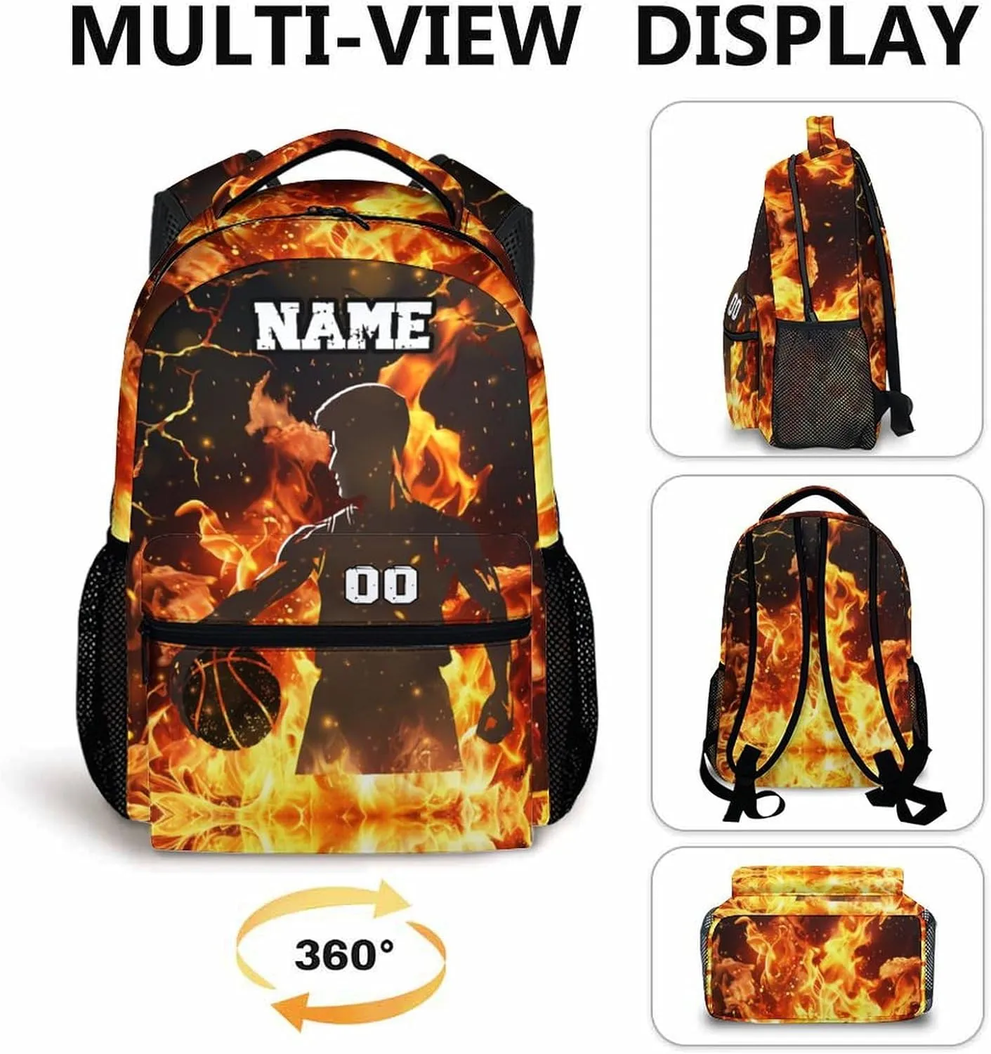 Kids School Backpack, Personalized Backpacks with Name for Boys 10-12, Basketball Bookbag for Primary Middle Preschool, 17 Inch Custom Durable Bookbags for Students Sports Lovers