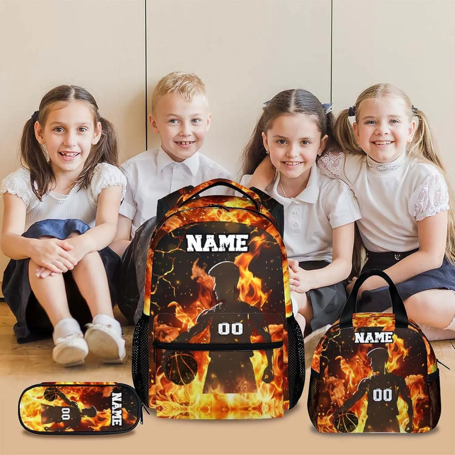 Kids School Backpack Set, Personalized 3PCS Backpacks with Lunch Bag Pencil Case for Boys 10-12, Basketball Bookbag for Primary Middle Preschool, Custom Durable Bookbags for Students