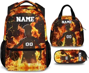 Kids School Backpack Set, Personalized 3PCS Backpacks with Lunch Bag Pencil Case for Boys 10-12, Basketball Bookbag for Primary Middle Preschool, Custom Durable Bookbags for Students