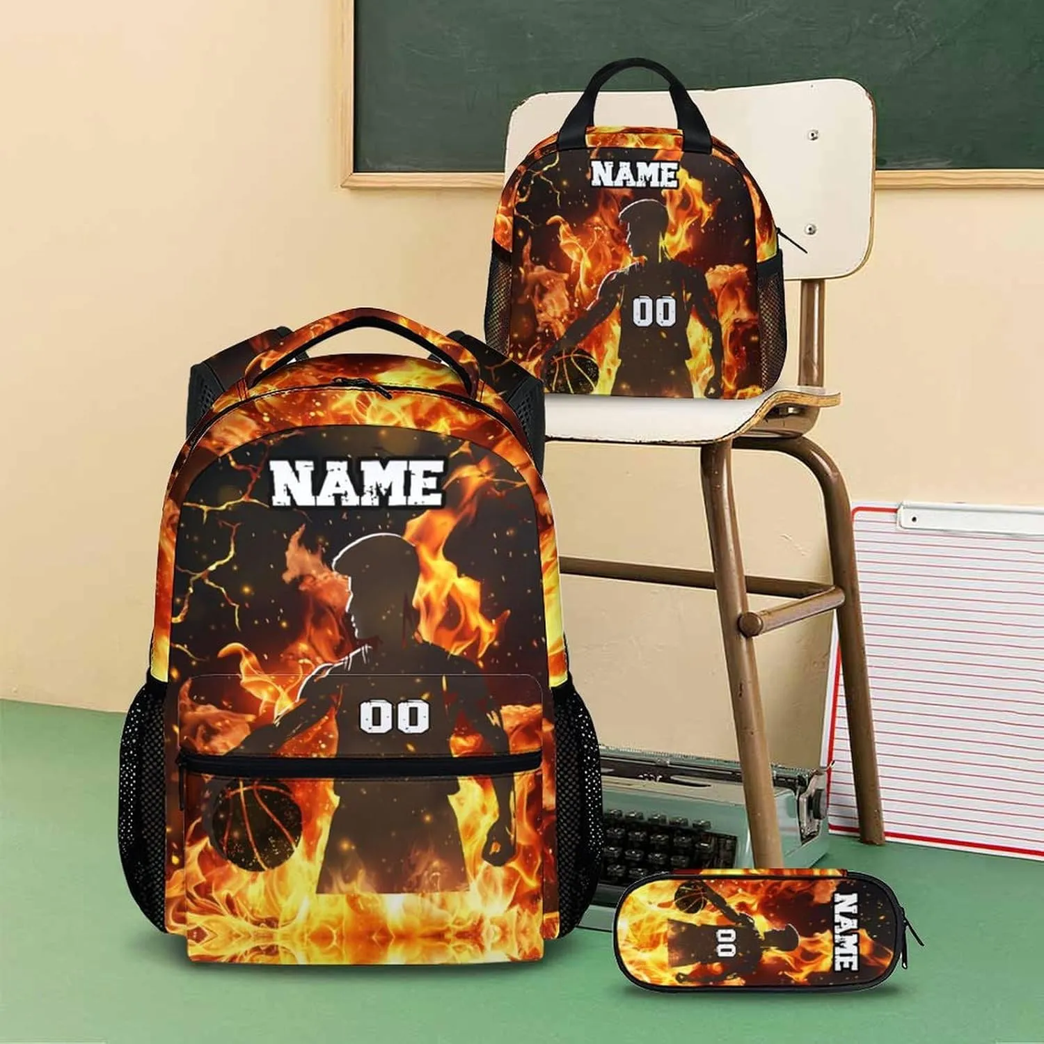 Kids School Backpack Set, Personalized 3PCS Backpacks with Lunch Bag Pencil Case for Boys 10-12, Basketball Bookbag for Primary Middle Preschool, Custom Durable Bookbags for Students