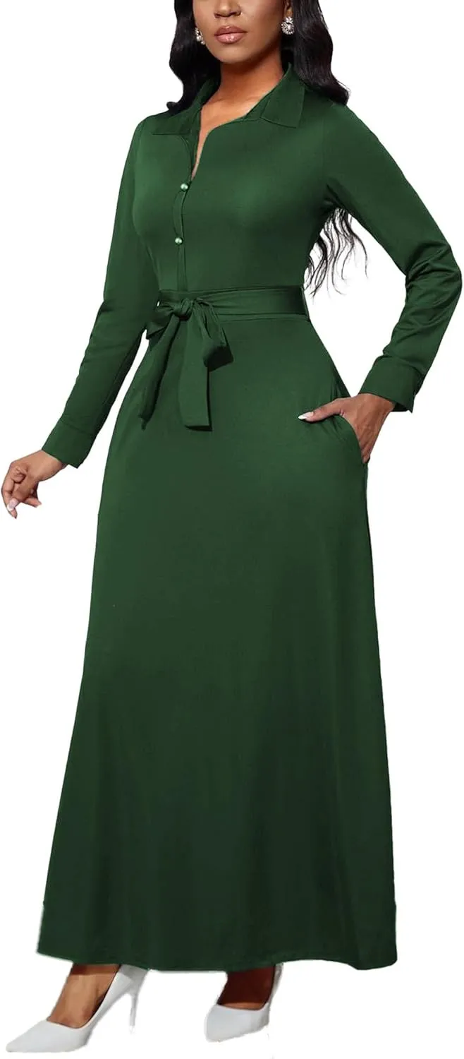 LaiyiVic Maxi Dress for Women Casual Long Sleeve Button Down Floor Length V-Neck Long Dress with Belt