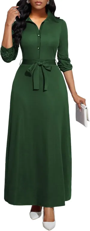 LaiyiVic Maxi Dress for Women Casual Long Sleeve Button Down Floor Length V-Neck Long Dress with Belt