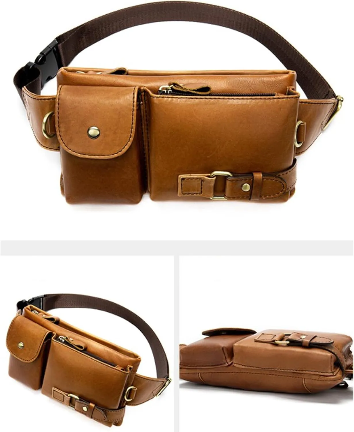 Large Capacity Leather Waist Bags with Adjustable Strap Unisex Shoulder Bags Phone for Outdoor Travel Hiking