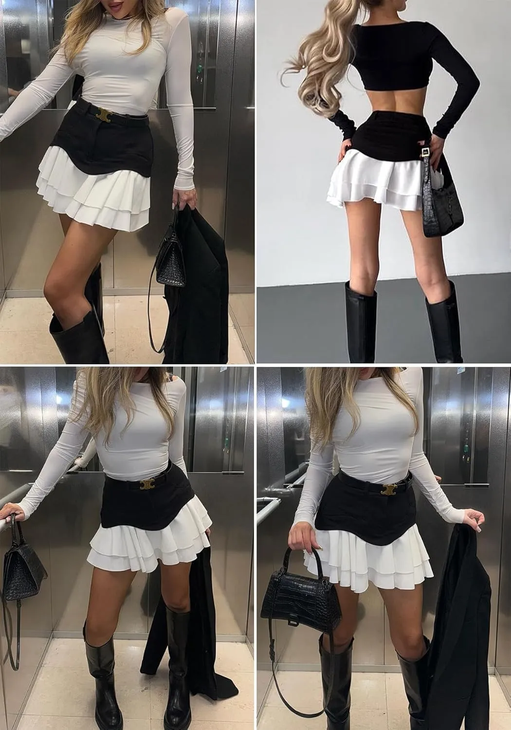 LETSVDO Women's Patchwork Denim Mini Skirt High Waisted Y2k Pleated Ruffle Layered A Line Jean Short Skirts