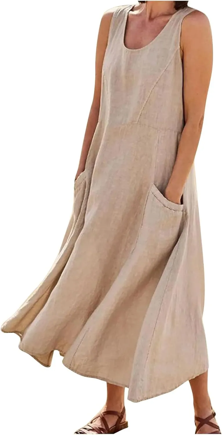 Linen Dress for Women 2023, Casual Dresses for Women 2023, Linen Dresses for Women 2023 Summer Casual Plus Size Beach Cover Up Loose Fit Plain Maxi T Shirt Dress, 1-Khaki
