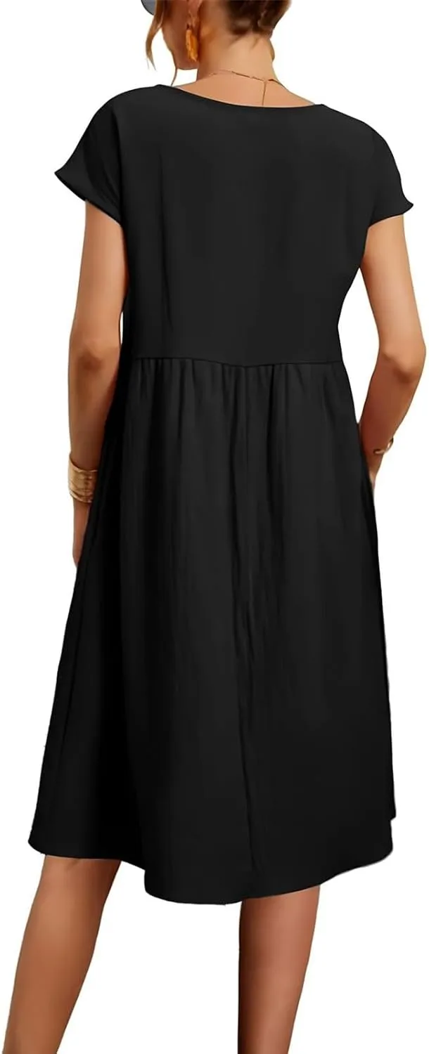 Linen Dresses for Women 2025 Dress Baggy Midi Dresses Plus Size Short Sleeves Dress Sundress with Pockets