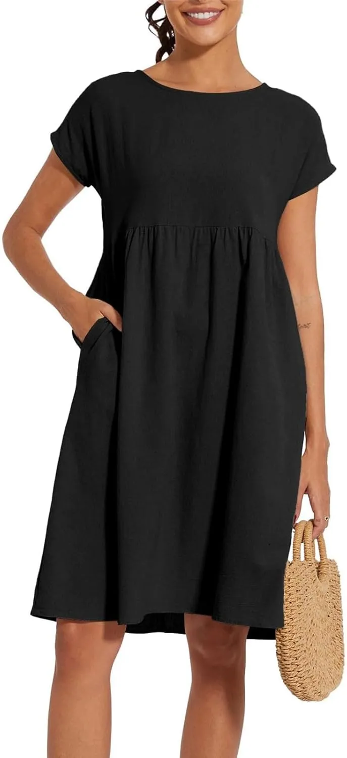 Linen Dresses for Women 2025 Dress Baggy Midi Dresses Plus Size Short Sleeves Dress Sundress with Pockets