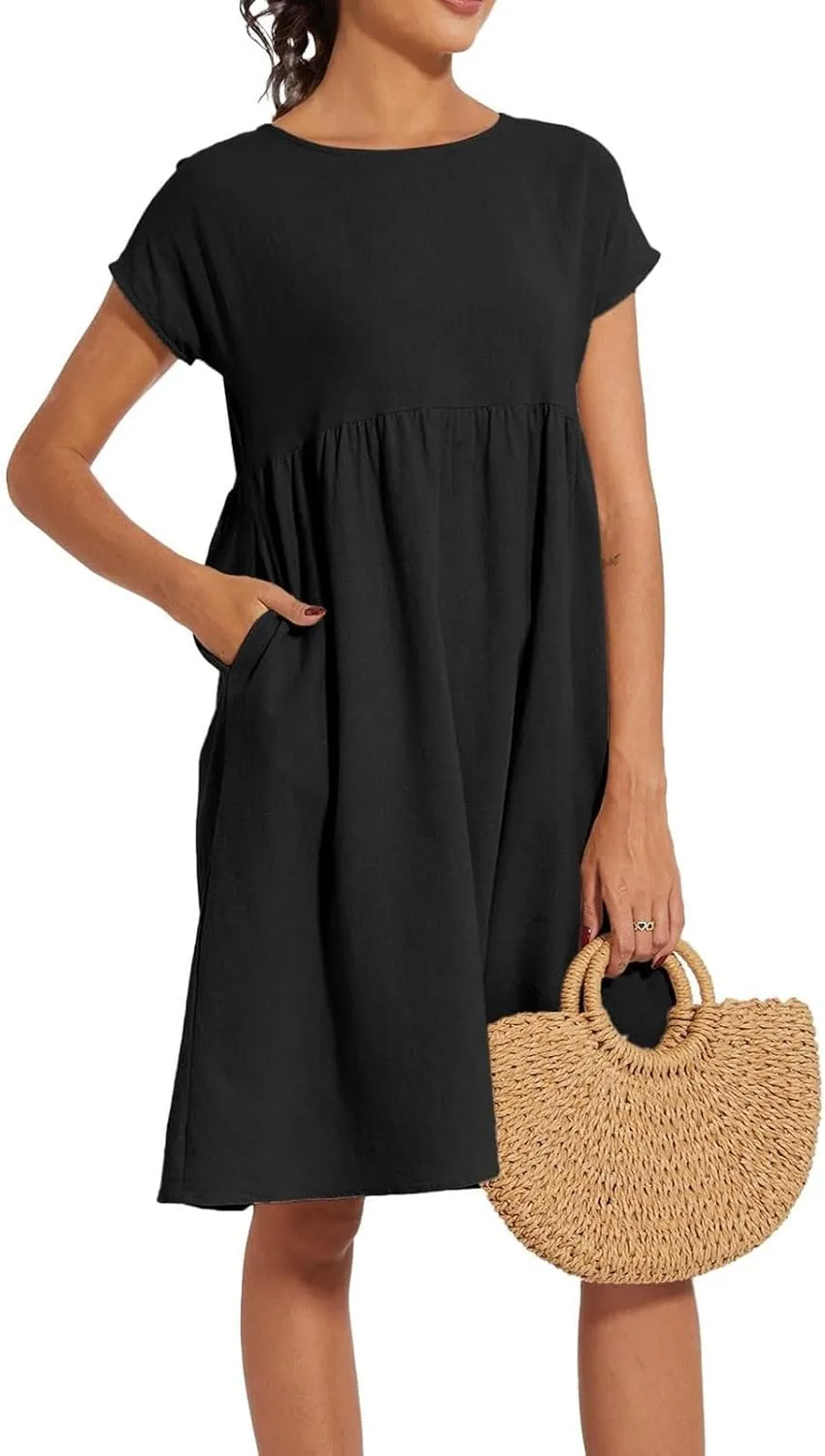 Linen Dresses for Women 2025 Dress Baggy Midi Dresses Plus Size Short Sleeves Dress Sundress with Pockets