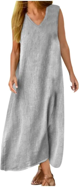 Linen Dresses for Women Sleeveless Linen Casual Cotton Tank Maxi 2025 Summer Dress