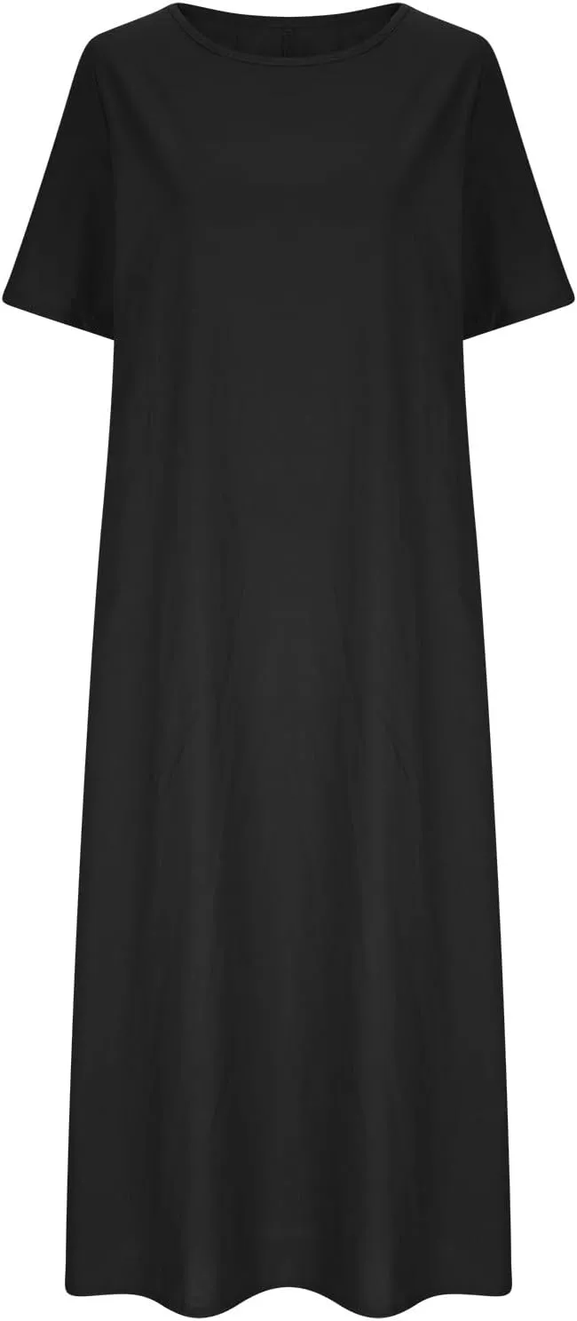 Linen Sundress for Women 2025 Short Sleeve Casual Dress Summer Trendy Loose Crew Neck Beach Vacation Dresses