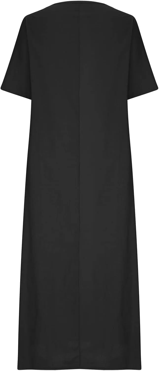 Linen Sundress for Women 2025 Short Sleeve Casual Dress Summer Trendy Loose Crew Neck Beach Vacation Dresses