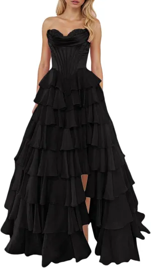 Long Formal Dresses for Women Corset Tiered 2025 Chiffon Strapless Ruffle Prom Dress A-Line Slit Evening Party Gown